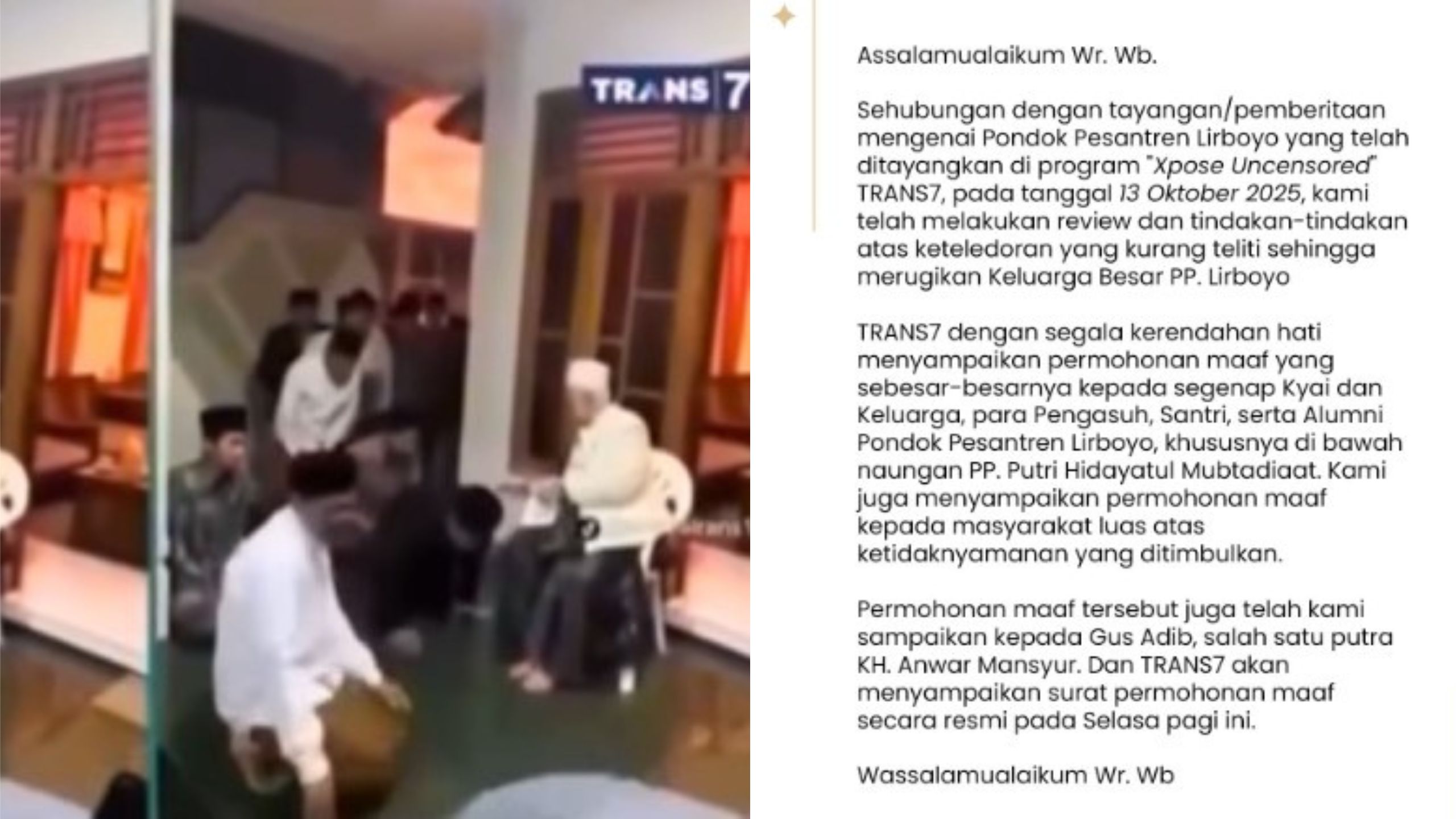 Trans7 meminta maaf atas tayangan kontroversi terkait ponpes. (instagram)